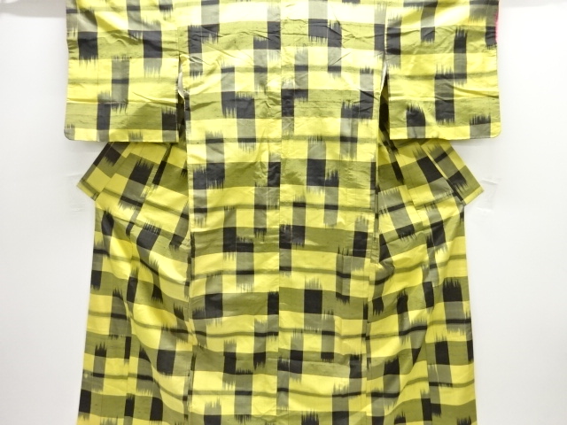 JAPANESE KIMONO / ANTIQUE KIMONO / SILK / TSUMUGI / WOVEN KASURI & GRID